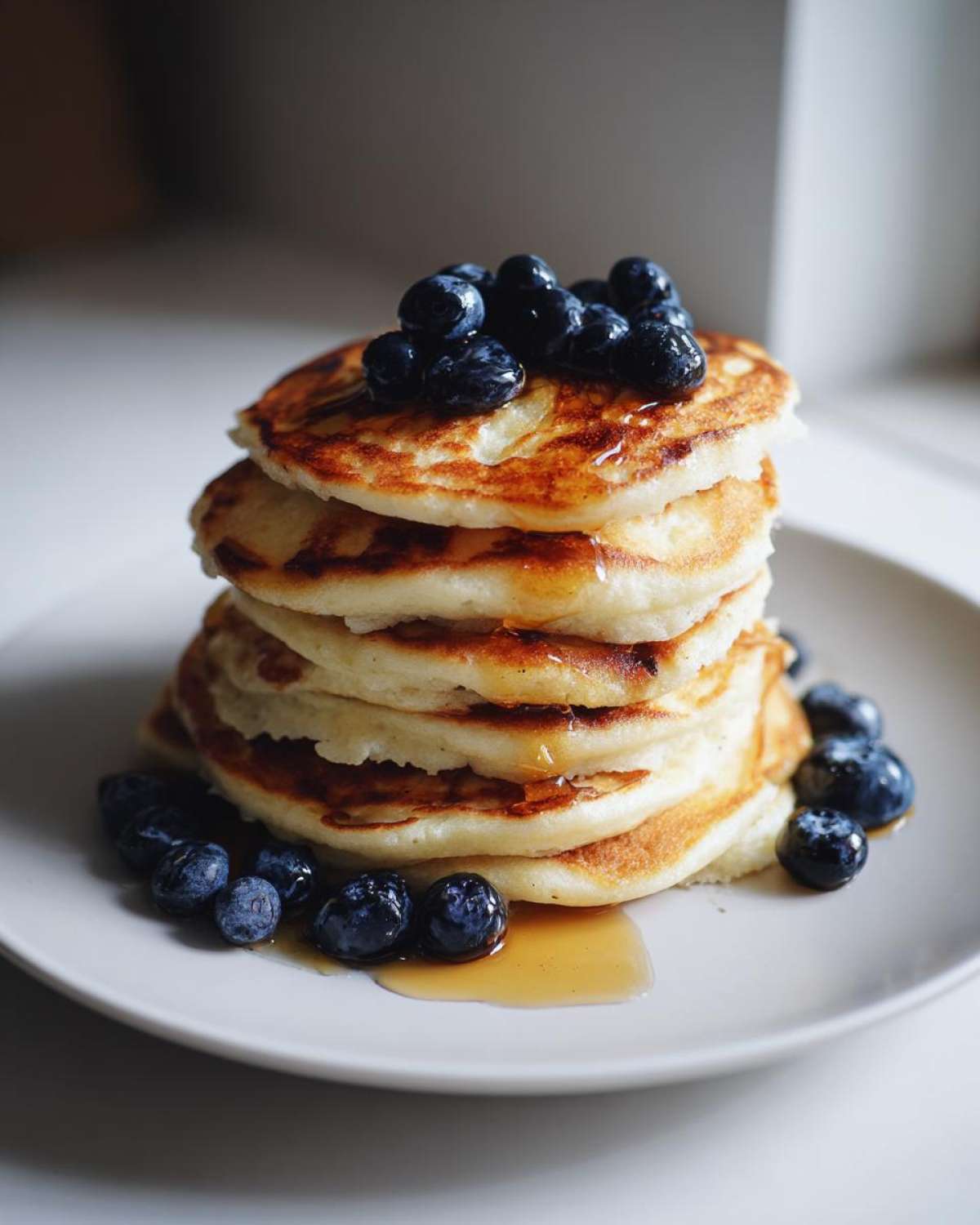 A tall stack of golden-brown protein pancakes topped with fresh blueberries and drizzled with maple syrup on a white plate.
