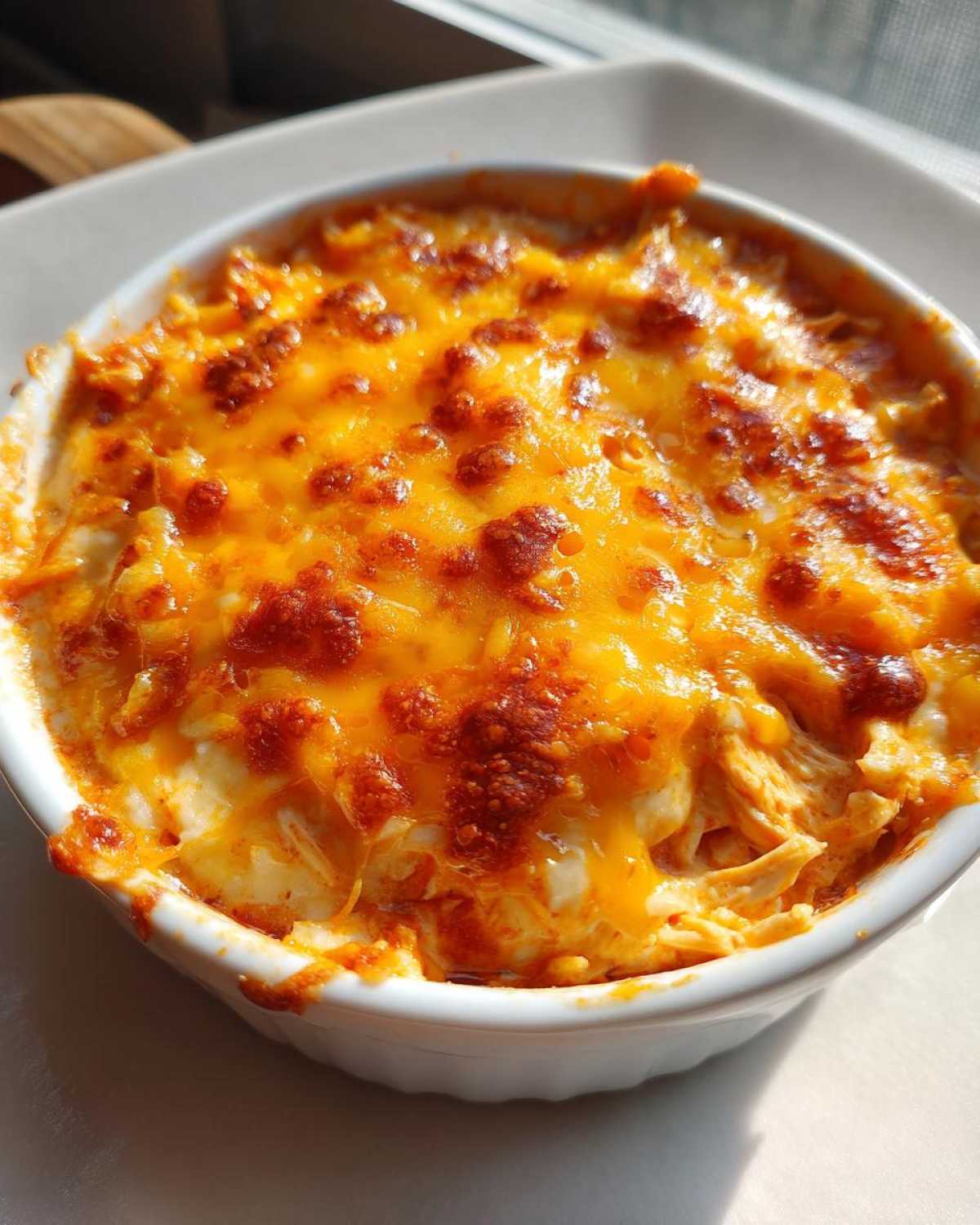 Close-up of a white ramekin filled with golden-brown, bubbly Franks buffalo chicken dip, showing melted cheese.