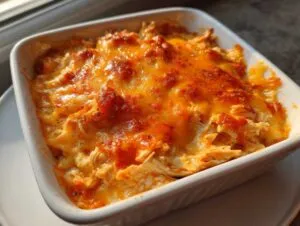 Close-up of a bubbling hot Franks buffalo chicken dip in a white baking dish, topped with melted, golden-brown cheese.