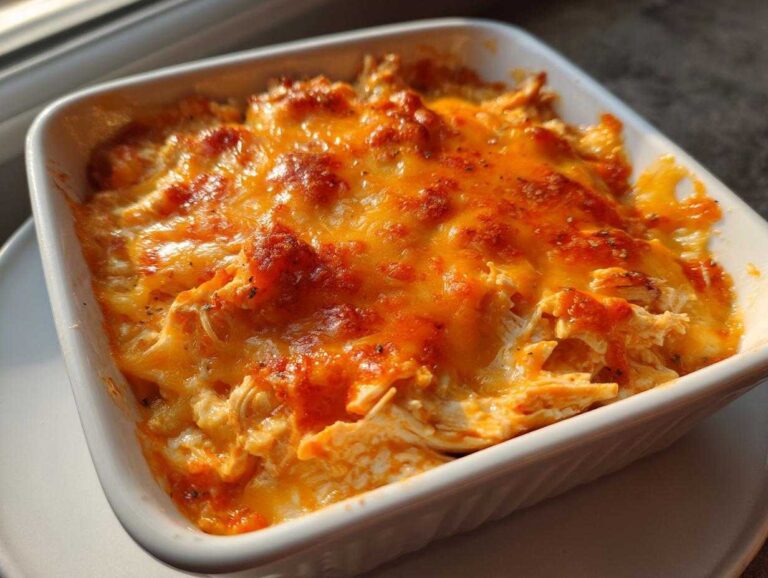 Close-up of a bubbling hot Franks buffalo chicken dip in a white baking dish, topped with melted, golden-brown cheese.