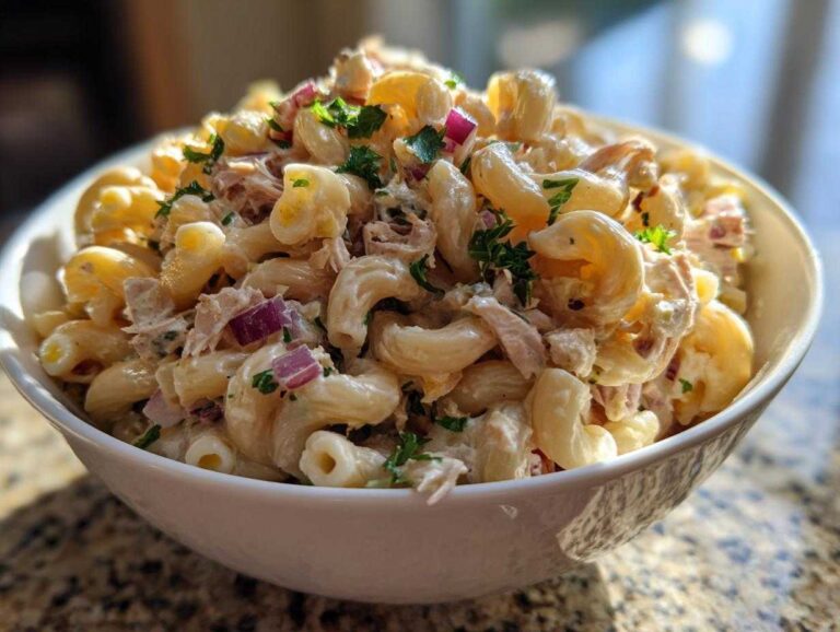 A close-up of a large white bowl filled with creamy tuna egg pasta salad, garnished with fresh parsley and red onion.