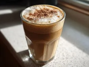 A tall glass of frothy protein coffee, topped with a sprinkle of cocoa powder, sitting in sunlight.