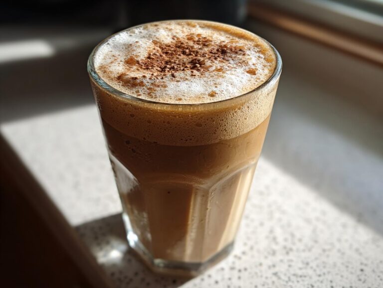 A tall glass of frothy protein coffee, topped with a sprinkle of cocoa powder, sitting in sunlight.
