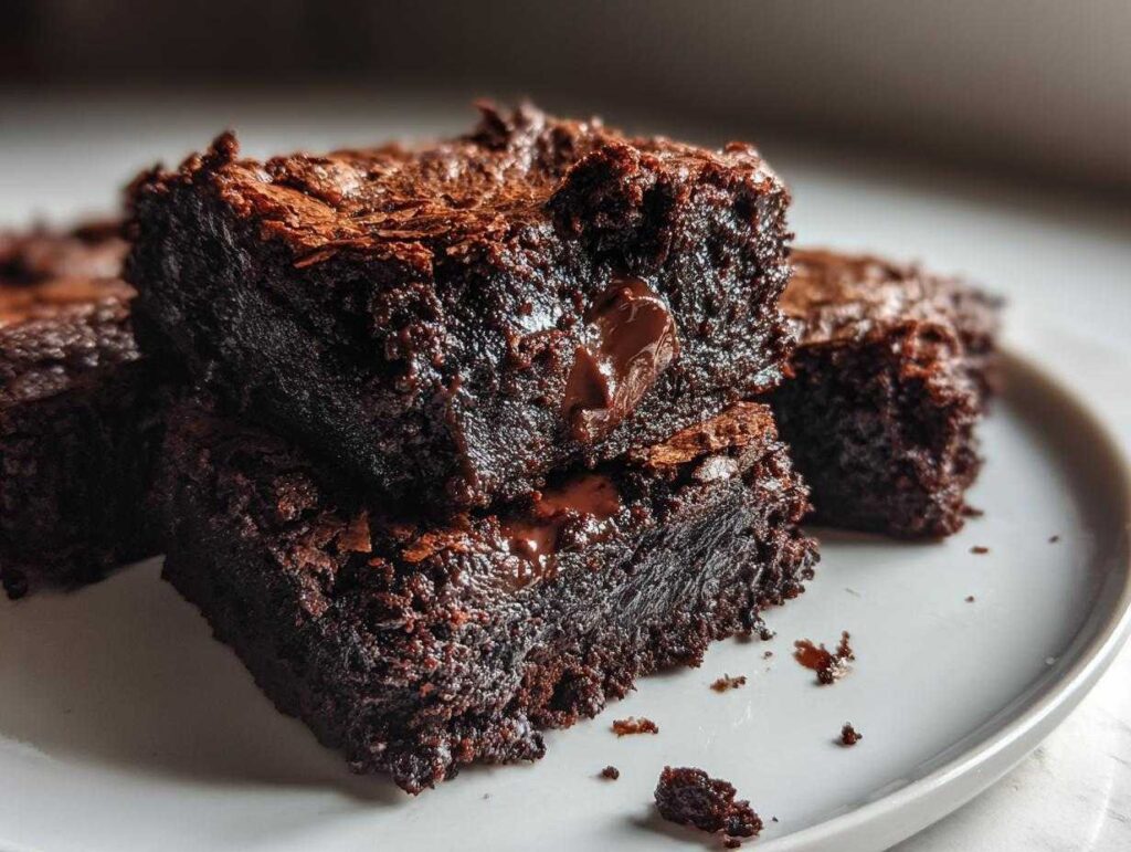 Close-up of two stacked fudgy protein brownies on a white plate, showing melted chocolate in the center.