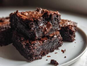 Close-up of two stacked fudgy protein brownies on a white plate, showing melted chocolate in the center.