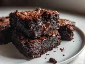 Close-up of two stacked fudgy protein brownies on a white plate, showing melted chocolate in the center.