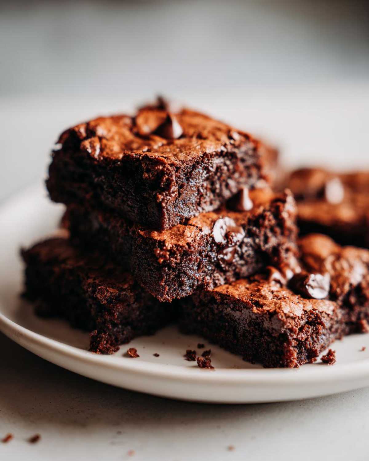 Close-up of a stack of rich, fudgy protein brownies topped with chocolate chips on a white plate.