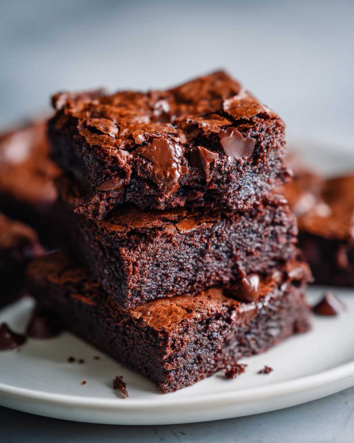 A close-up stack of three rich, fudgy protein brownies with melted chocolate chips on top, on a white plate.