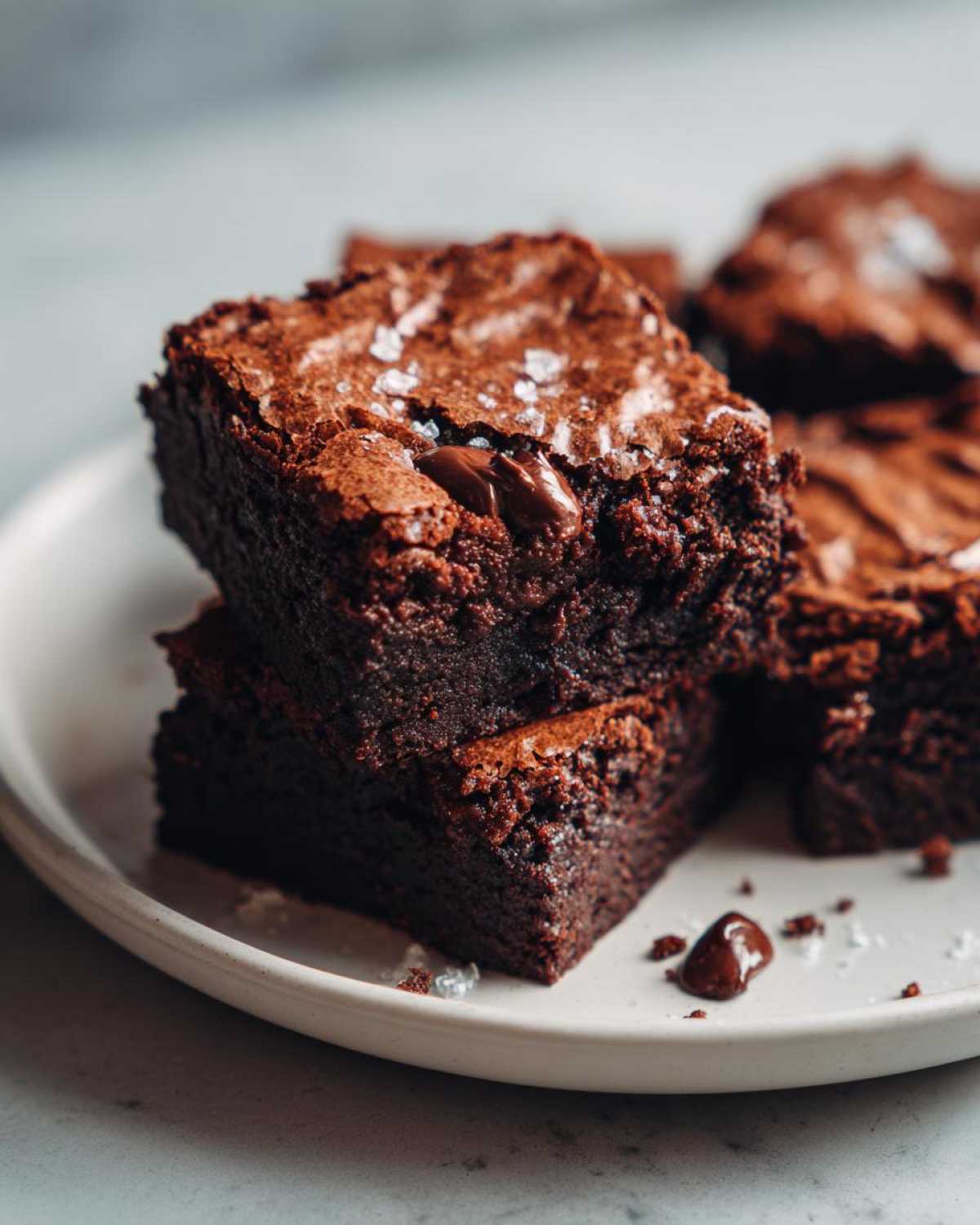 Close-up of a stack of fudgy protein brownies on a white plate, topped with flaky sea salt and chocolate chips.