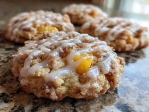 A close-up of a peach cobbler cookie with visible peach pieces, crumb topping, and a drizzle of white glaze.