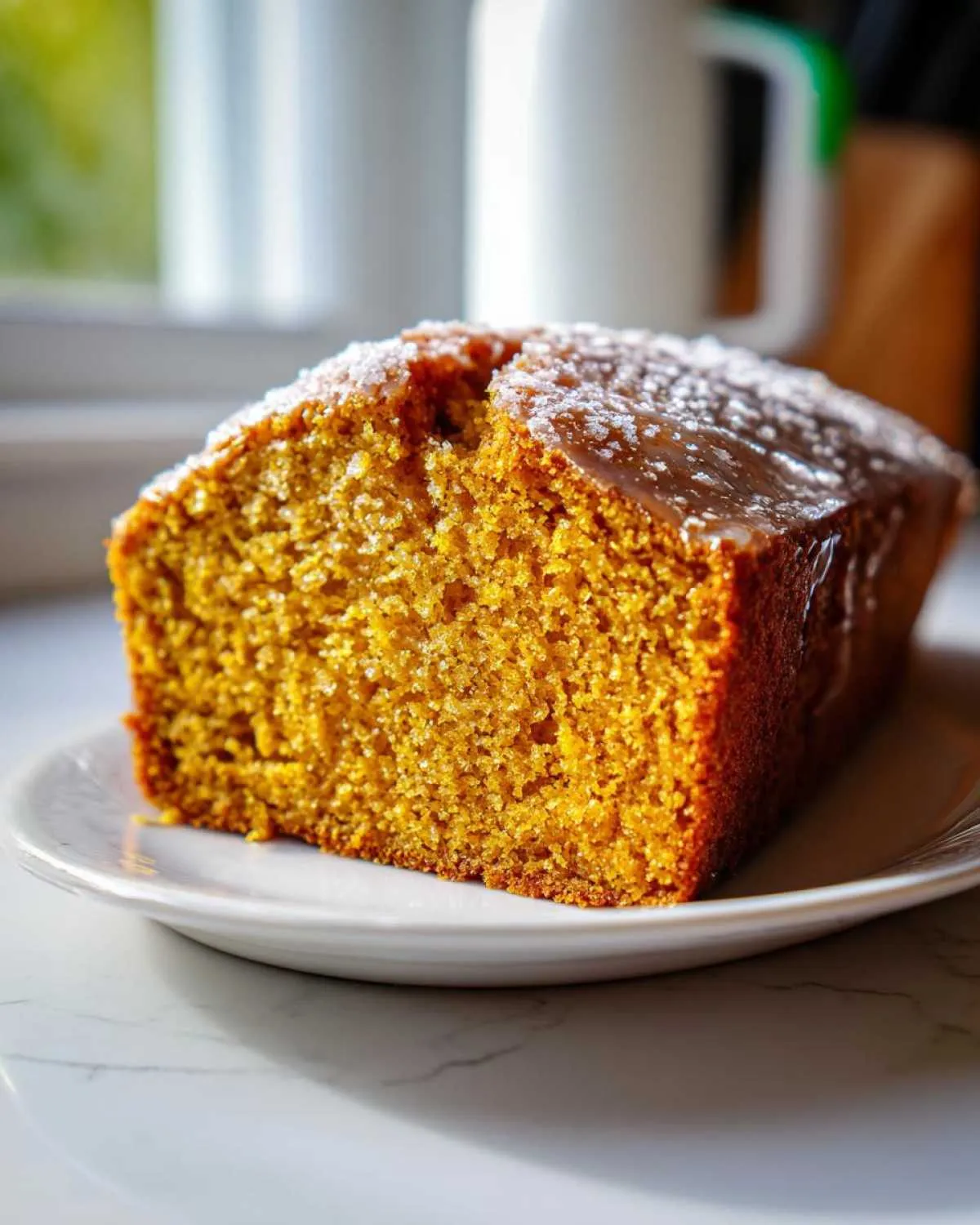 A glazed loaf of moist pumpkin bread on a white plate, showcasing its rich color and texture.