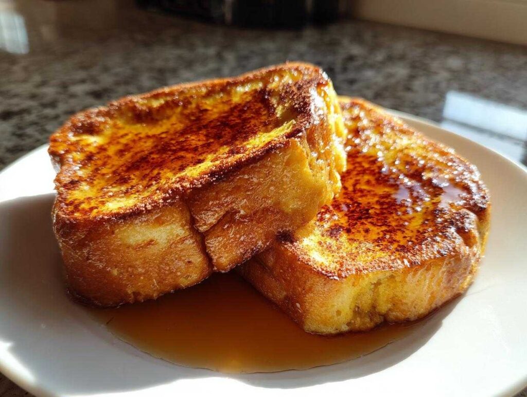 Two thick slices of golden-brown protein french toast drizzled with maple syrup on a white plate.