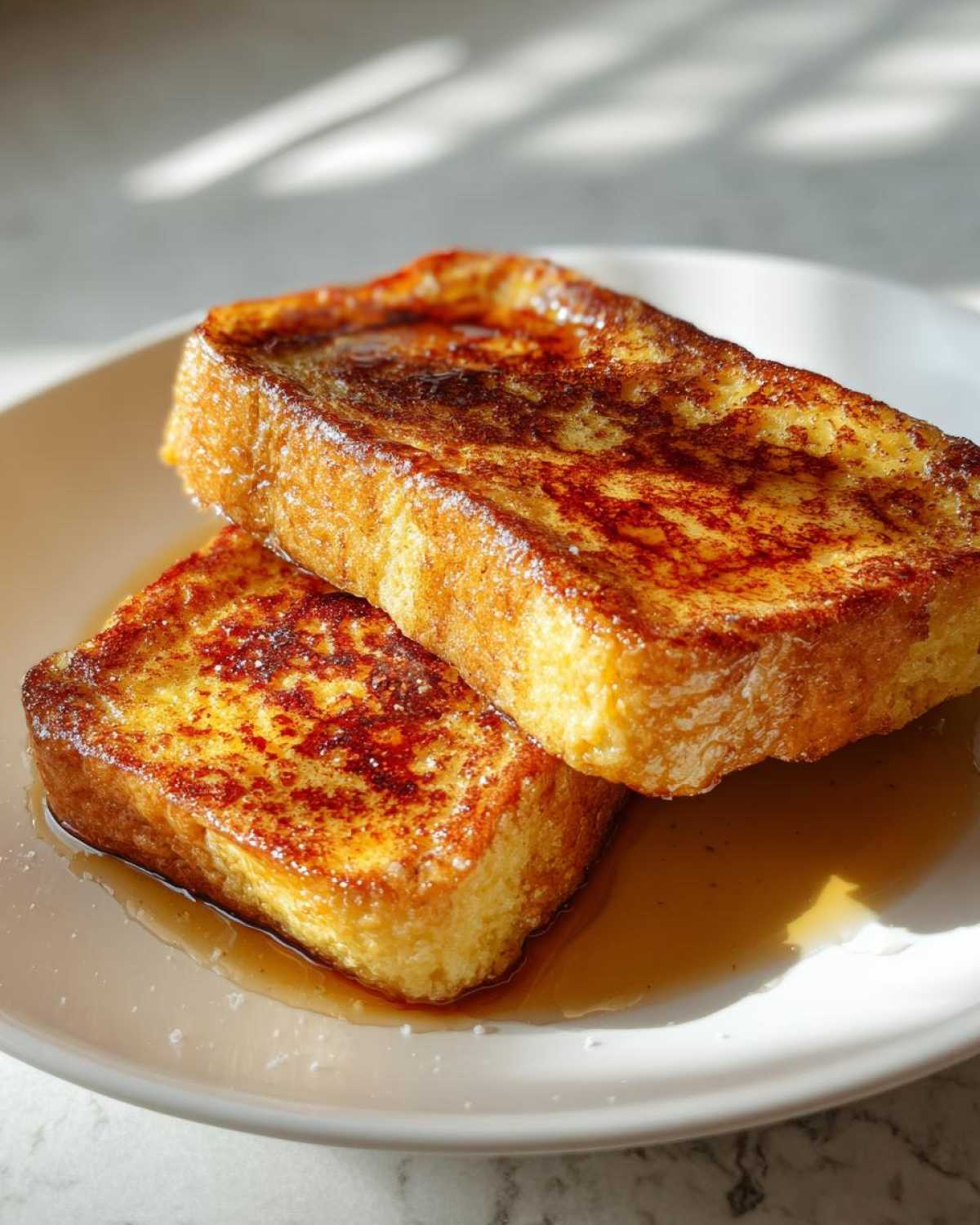 Two slices of golden brown protein french toast on a white plate, drizzled with maple syrup and powdered sugar.