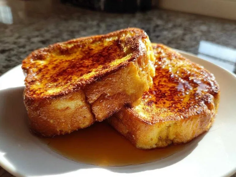 Two thick slices of golden-brown protein french toast drizzled with maple syrup on a white plate.