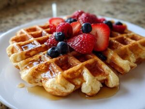 Close-up of golden brown protein waffles topped with fresh strawberries, blueberries, raspberries, and maple syrup.