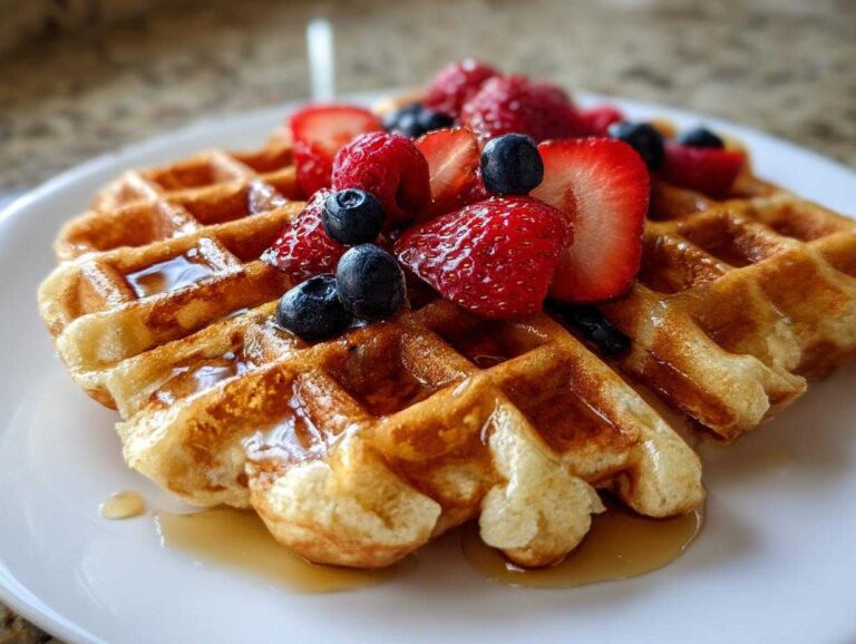 Close-up of golden brown protein waffles topped with fresh strawberries, blueberries, raspberries, and maple syrup.