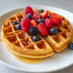 A close-up of golden-brown protein waffles topped with fresh raspberries, blueberries, strawberries, and a drizzle of maple syrup.