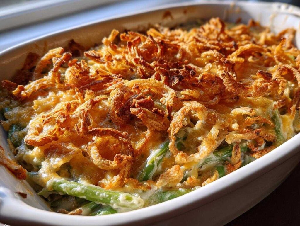 Close-up of a freshly baked green bean casserole with a golden-brown crispy fried onion topping.