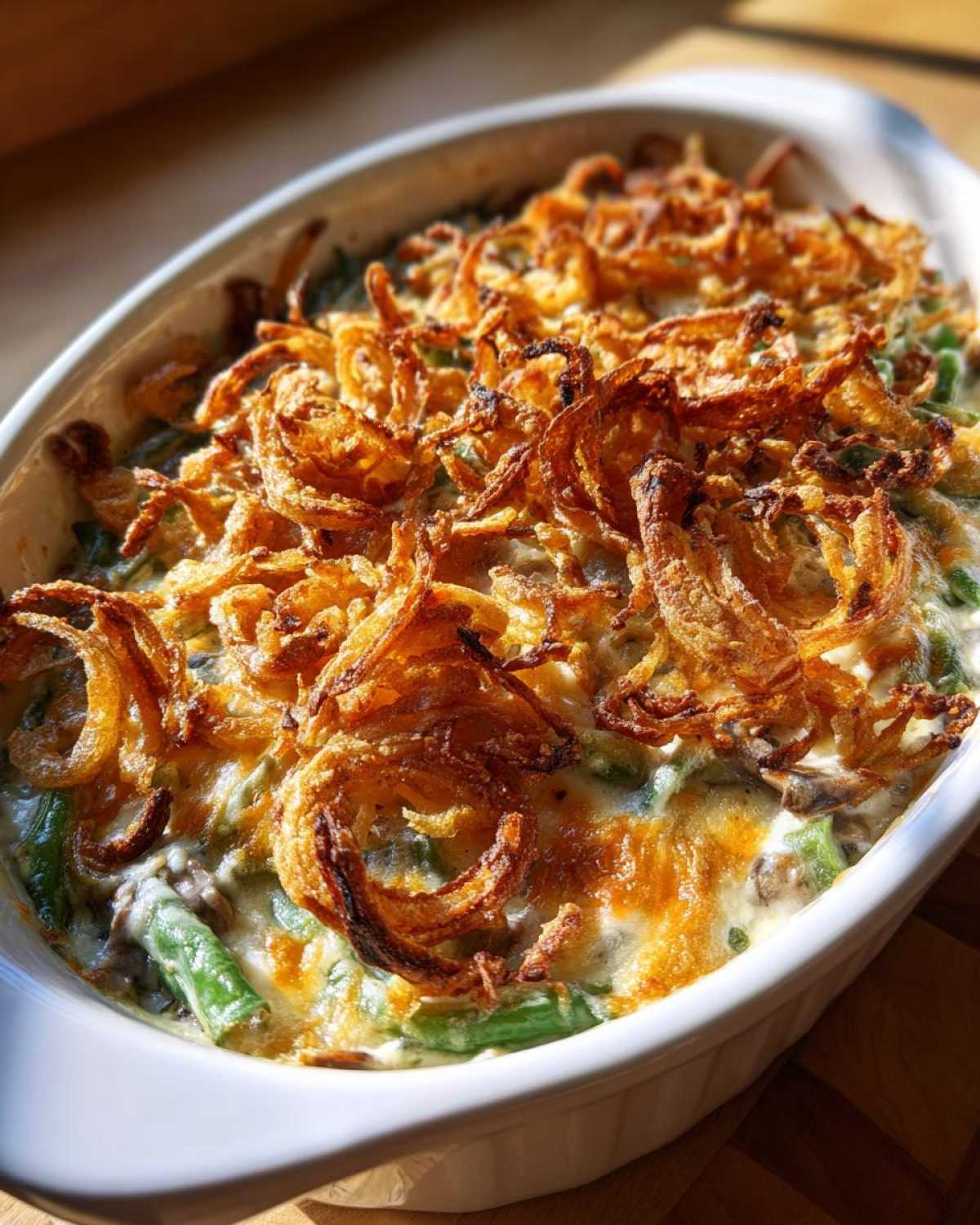 Overhead view of a freshly baked green bean casserole with crispy fried onions on top.