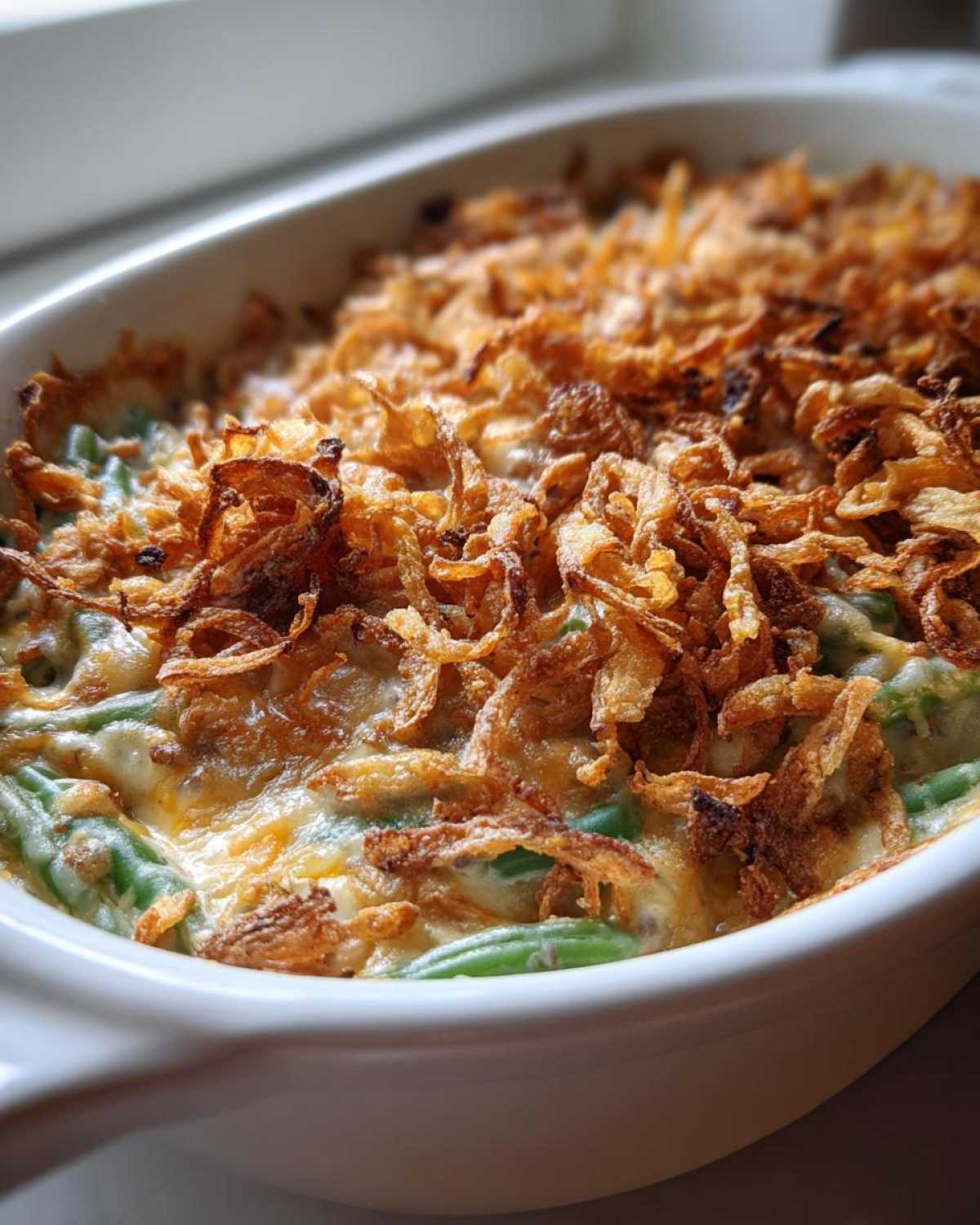 Close-up of a freshly baked green bean casserole in a white dish, topped with crispy fried onions.