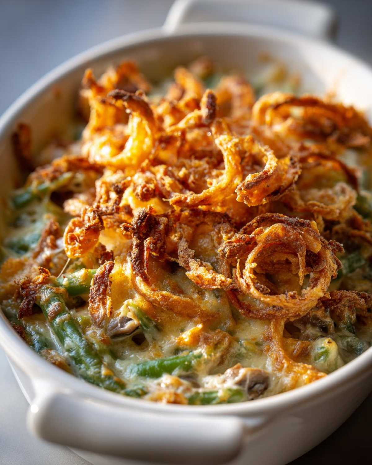 Close-up of a green bean casserole in a white dish, topped with crispy fried onions.