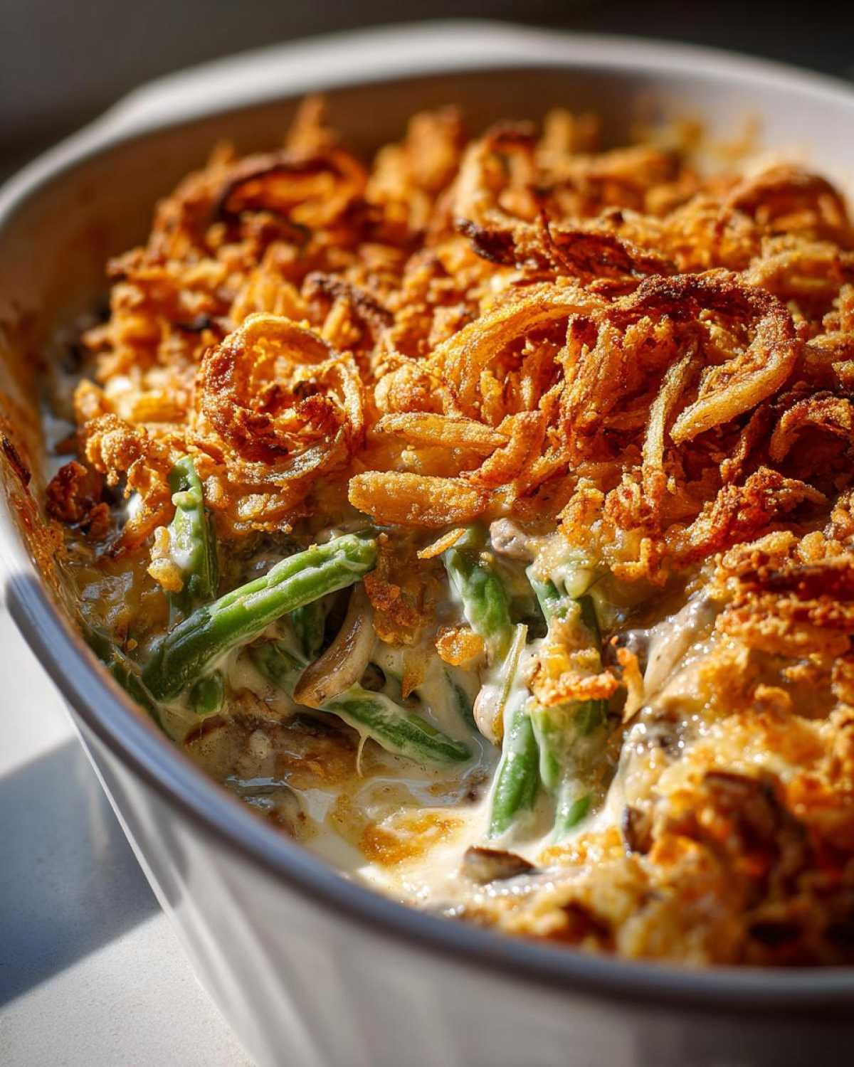 Close-up of a freshly baked green bean casserole with a crispy fried onion topping in a white dish.