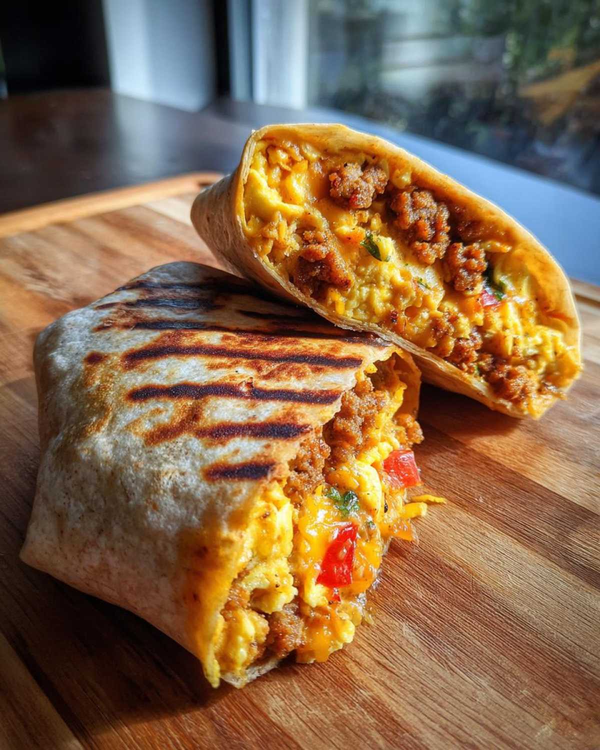 A grilled high protein breakfast burrito cut in half, revealing a filling of scrambled eggs, ground meat, cheese, and red peppers.
