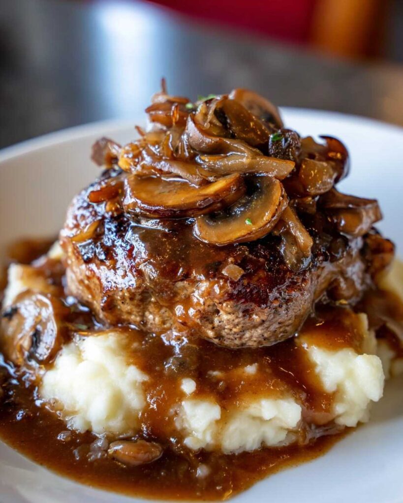 hamburger steak with brown gravy - Featured