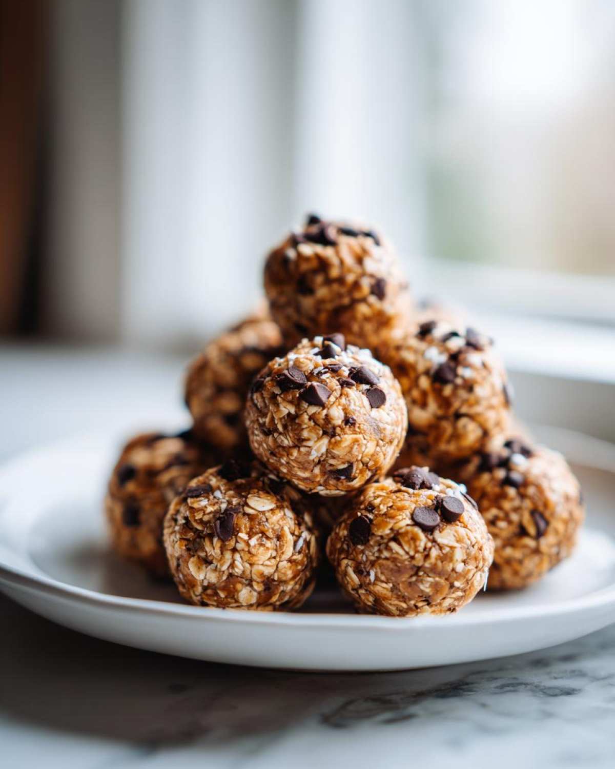 A close-up shot of a pile of healthy protein balls on a white plate, topped with mini chocolate chips and shredded coconut.