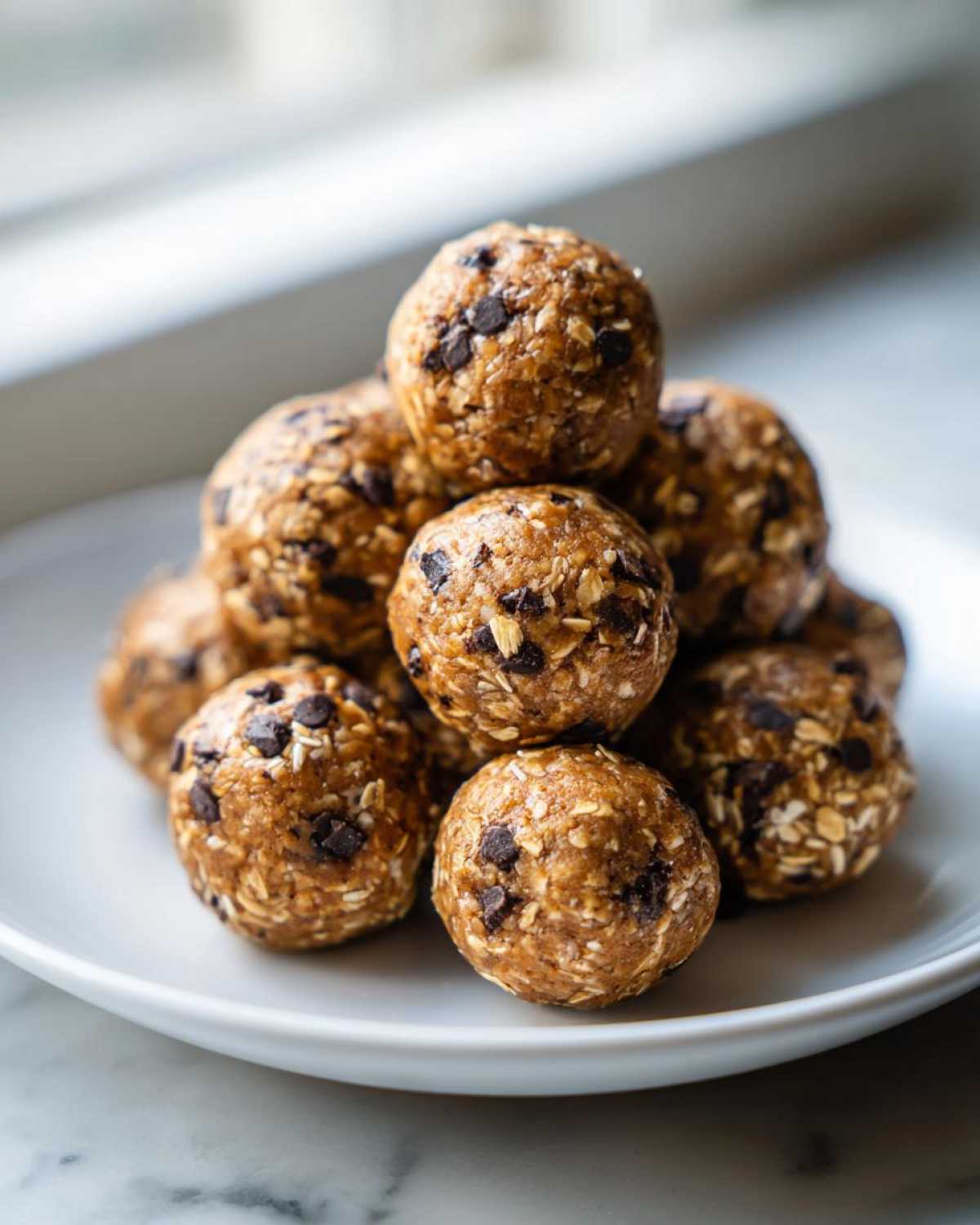 A close-up shot of a stack of healthy protein balls on a white plate, showing oats and chocolate chips.