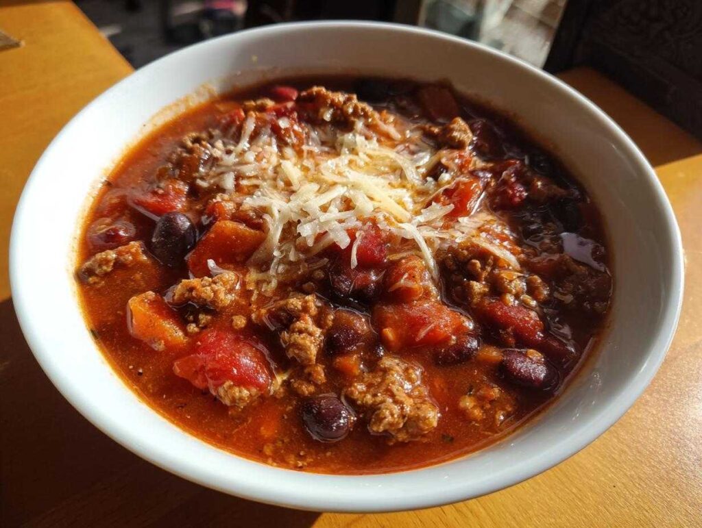 A bowl of hearty chili topped with shredded cheese, featuring beans, tomatoes, and ground meat.