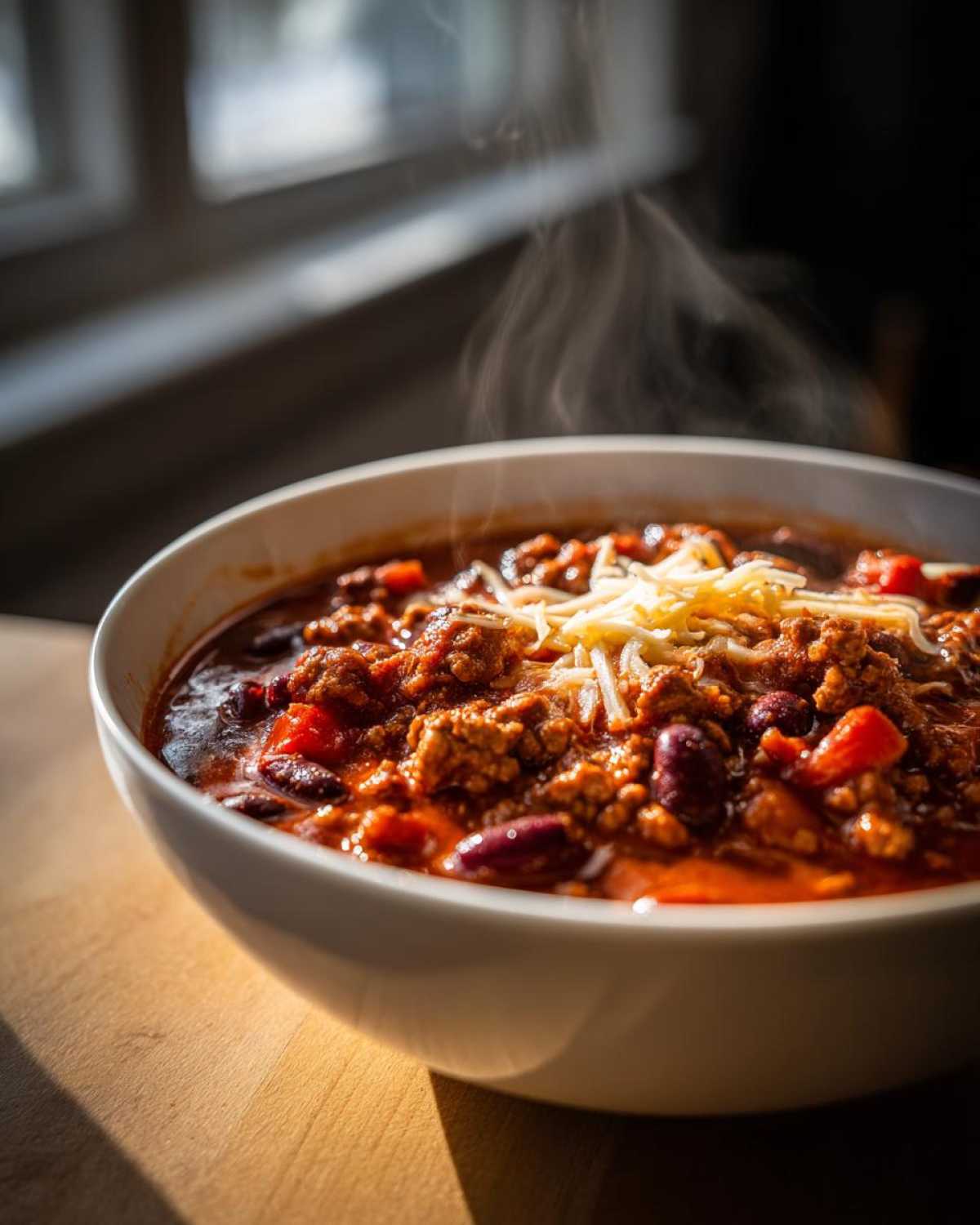 Steaming bowl of hearty chili topped with shredded cheese, featuring beans, meat, and vegetables.