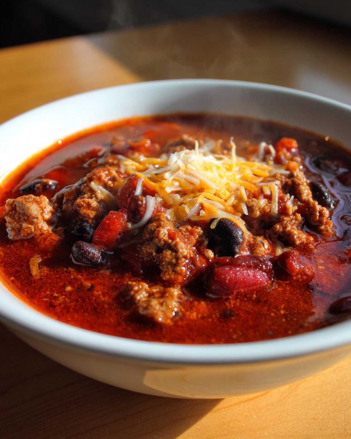A steaming bowl of hearty chili topped with shredded cheese, featuring beans, meat, and a rich red broth.
