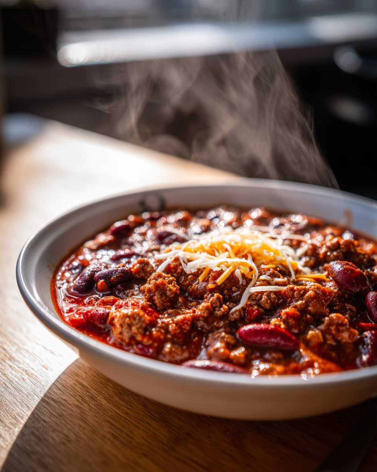 A steaming bowl of hearty chili topped with shredded cheese, showcasing the rich texture and vibrant colors.