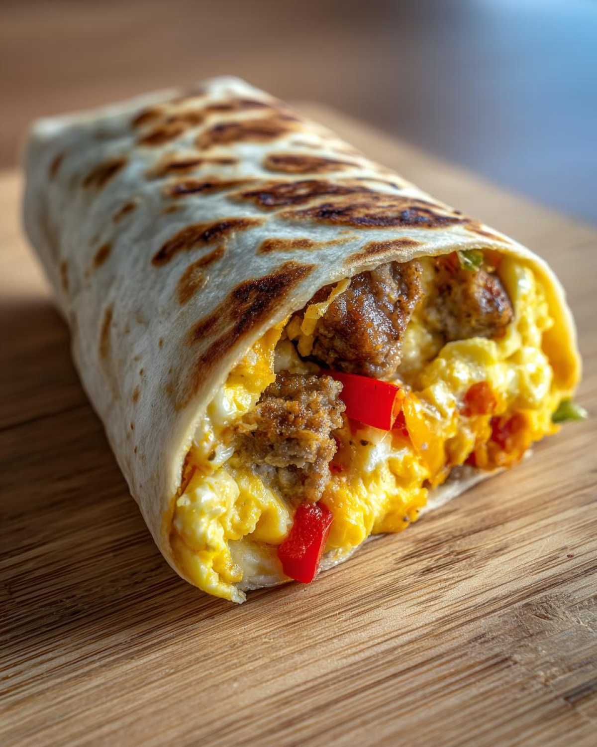 Close-up of a high protein breakfast burrito, showing scrambled eggs, sausage, and red bell peppers inside.