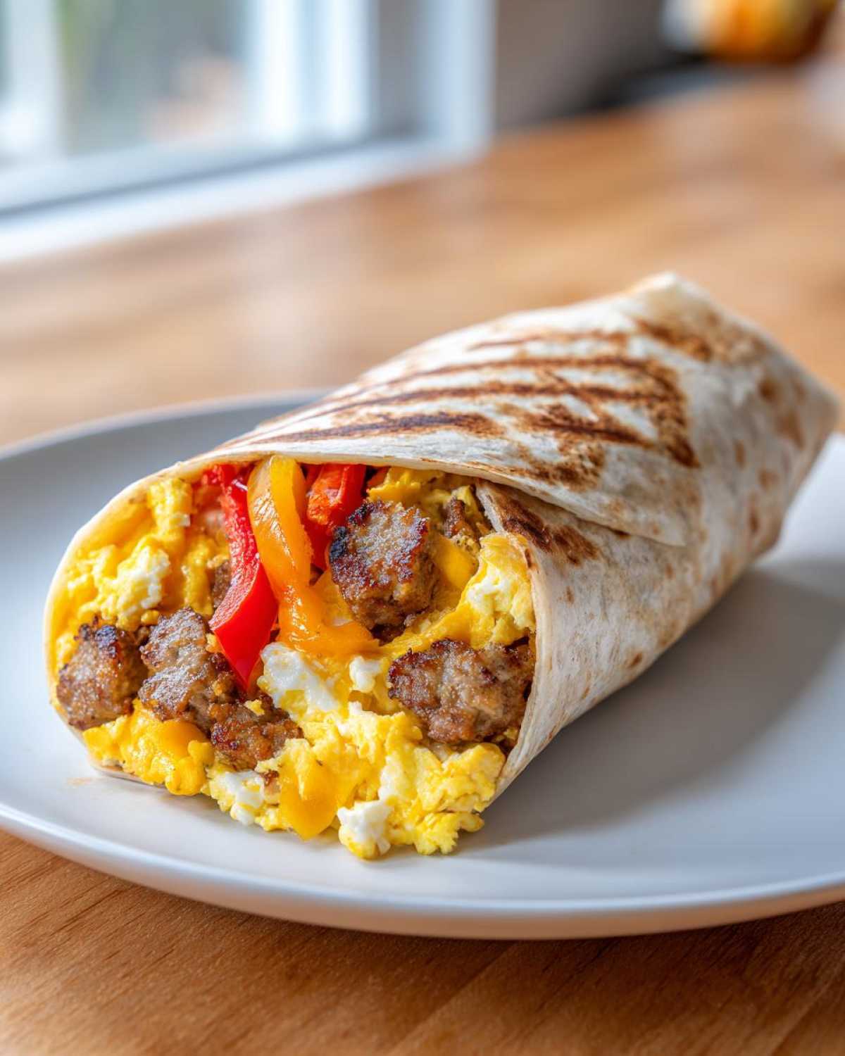 A close-up view of a high protein breakfast burrito filled with scrambled eggs, sausage, and bell peppers on a white plate.
