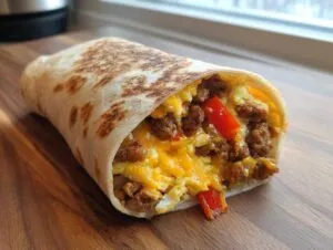 A close-up view of a high protein breakfast burrito, showing scrambled eggs, sausage, and red bell peppers.