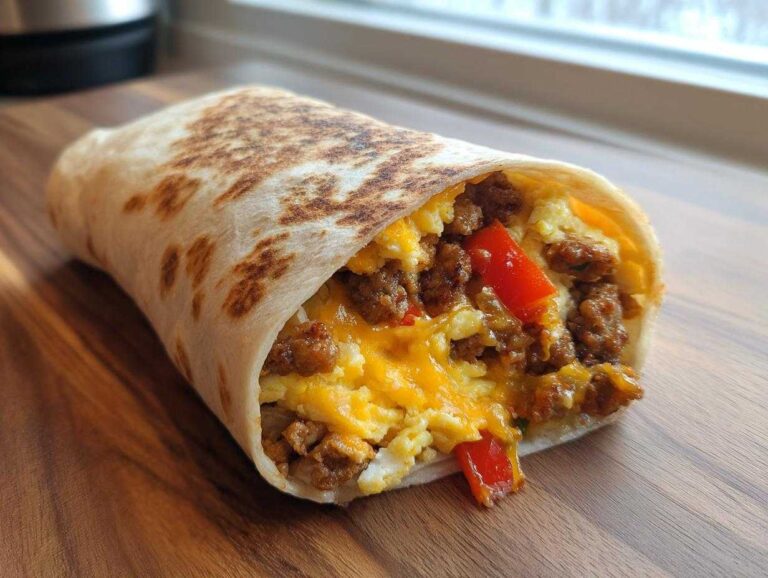 A close-up view of a high protein breakfast burrito, showing scrambled eggs, sausage, and red bell peppers.