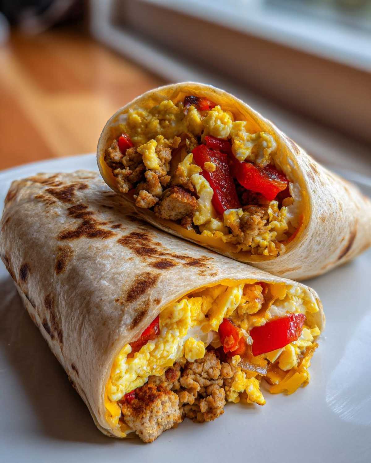 A high protein breakfast burrito cut in half, revealing scrambled eggs, sausage, and red bell peppers.