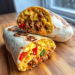A high protein breakfast burrito cut in half, showing scrambled eggs, sausage, cheese, and colorful bell peppers.