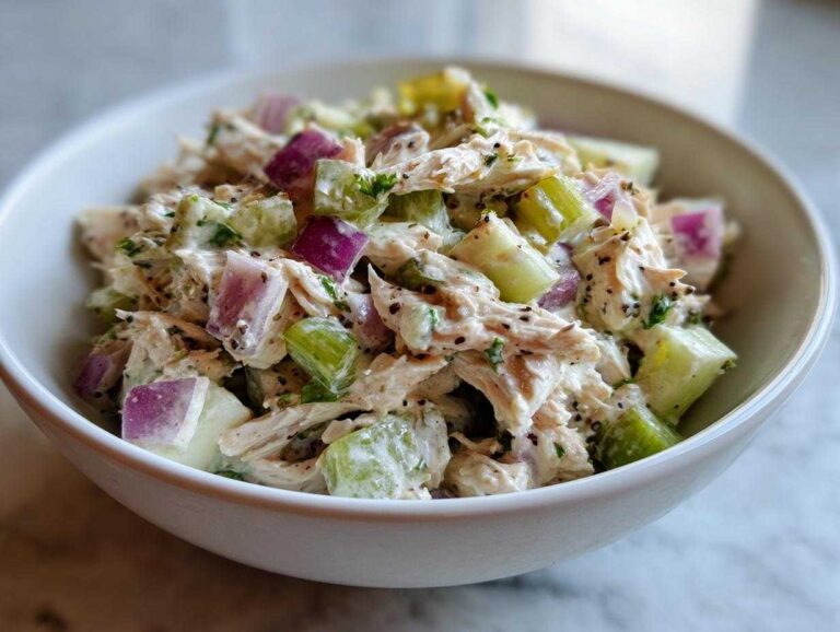 A close-up shot of a white bowl filled with high protein chicken salad, featuring shredded chicken, red onion, and celery.