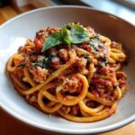A close-up of a bowl of high protein pasta with a rich red meat sauce, garnished with fresh basil and grated cheese.