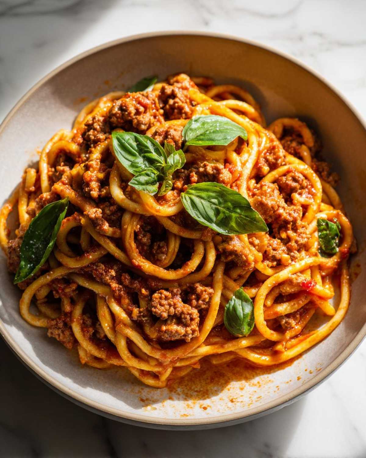 Close-up of a bowl of high protein pasta with rich meat sauce and fresh basil leaves.
