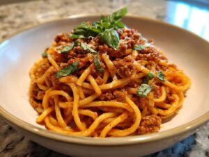 Close-up of a bowl of high protein pasta with a rich meat sauce, garnished with fresh basil leaves and grated cheese.