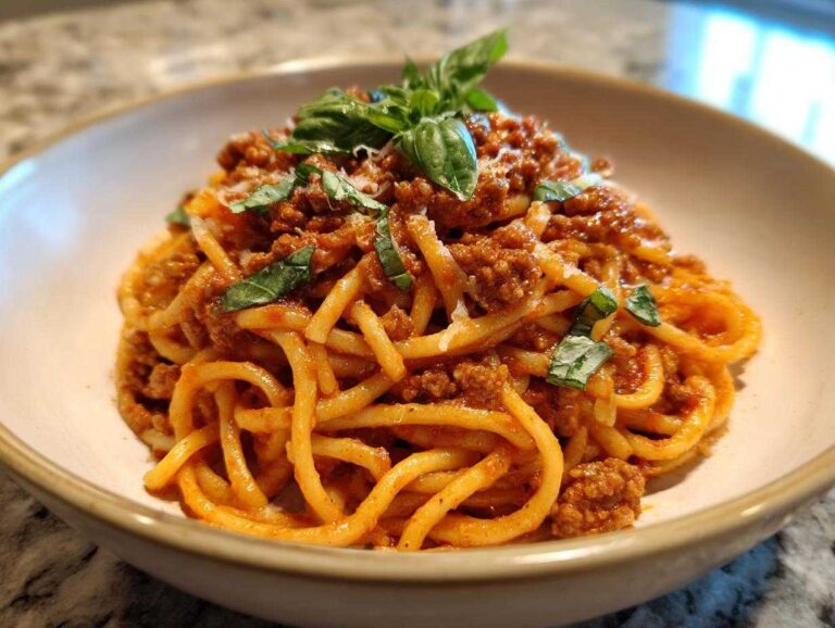 Close-up of a bowl of high protein pasta with a rich meat sauce, garnished with fresh basil leaves and grated cheese.