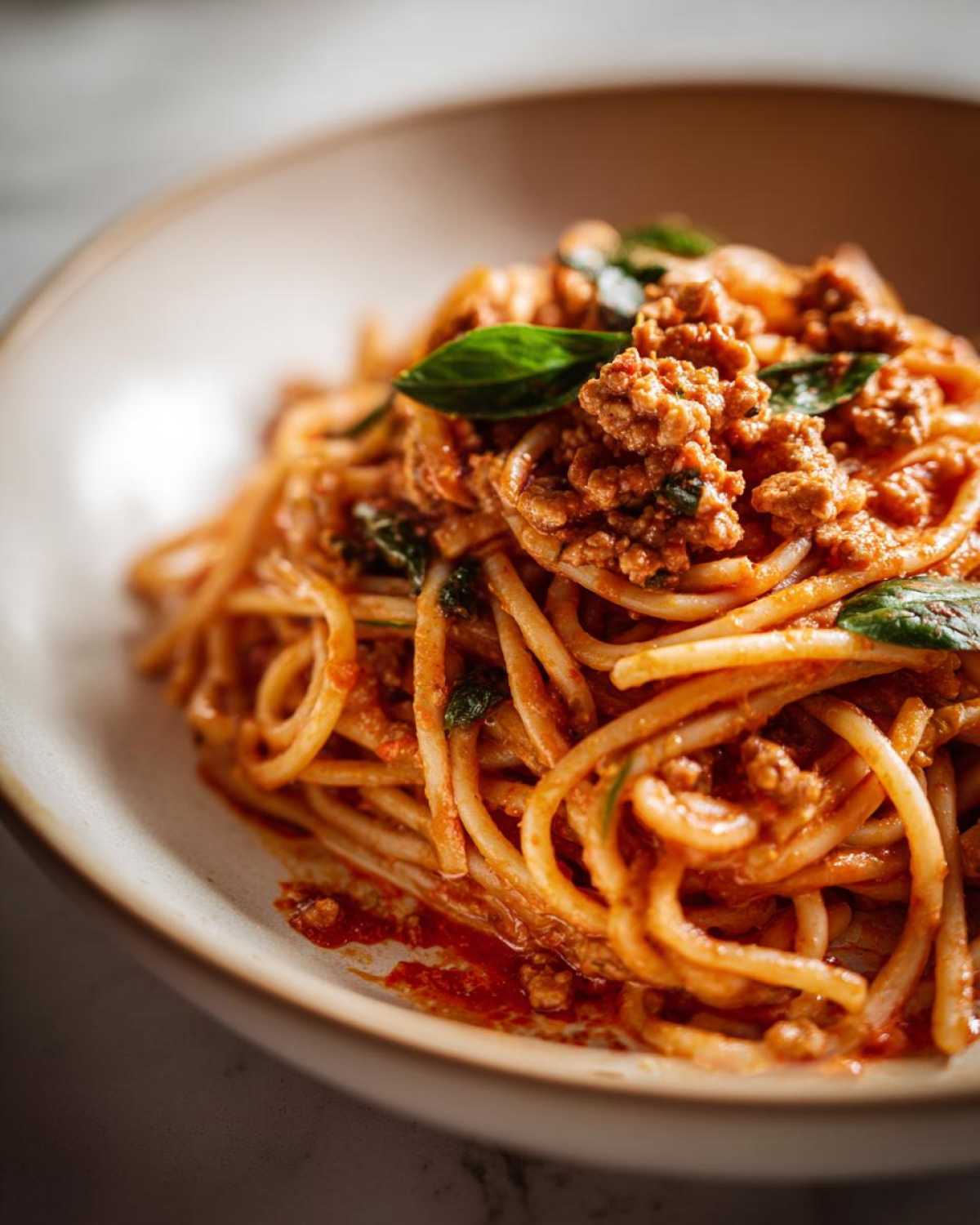 A close-up shot of a bowl of high protein pasta with a rich red meat sauce and fresh basil leaves.