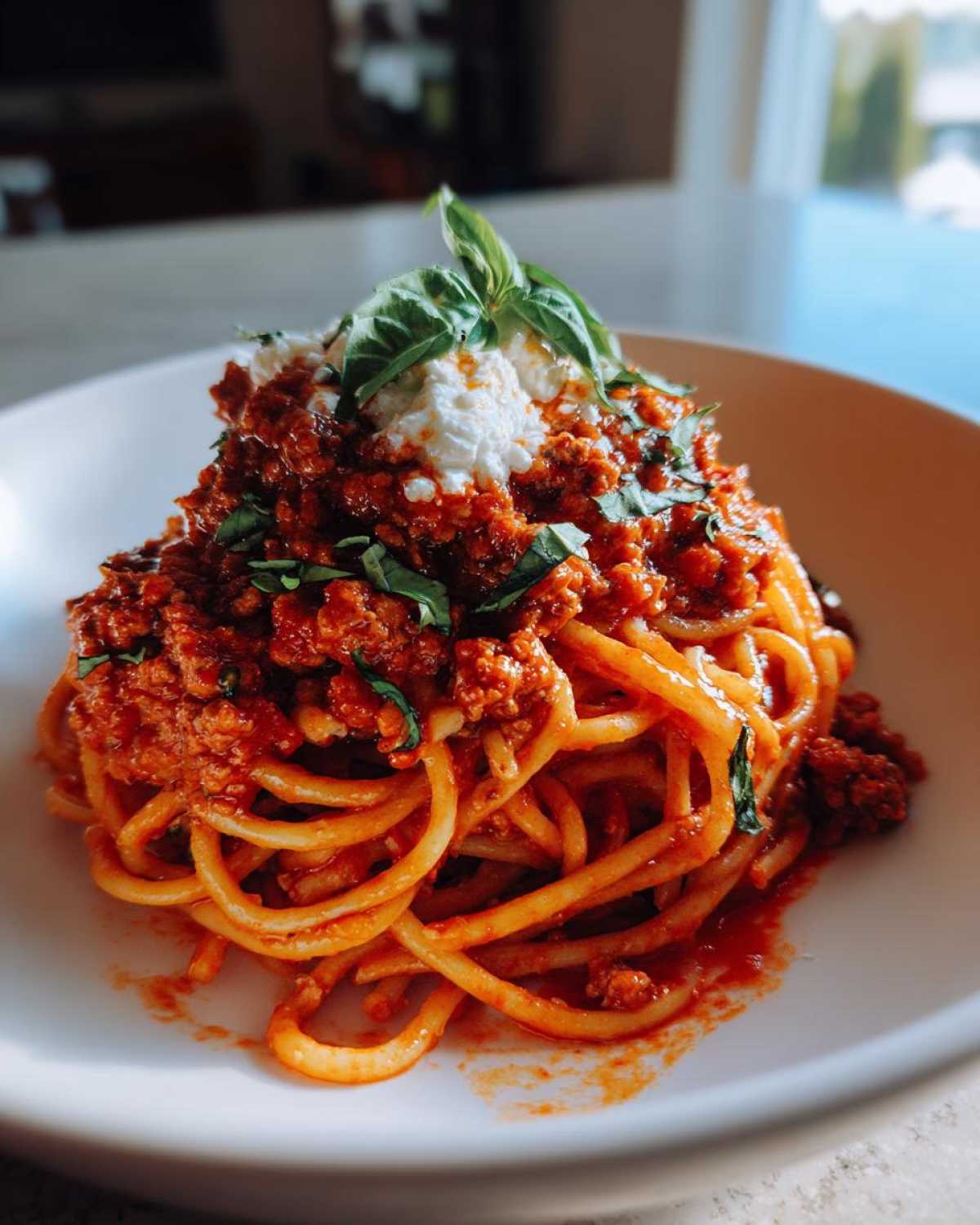 A close-up of a bowl of high protein pasta topped with rich red meat sauce, a dollop of white ricotta cheese, and fresh green basil leaves.
