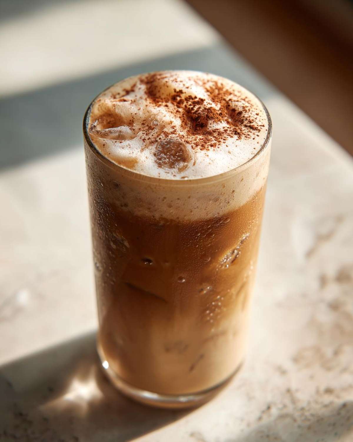 Close-up of a tall glass of iced protein coffee with a thick layer of foam and a dusting of cocoa powder.