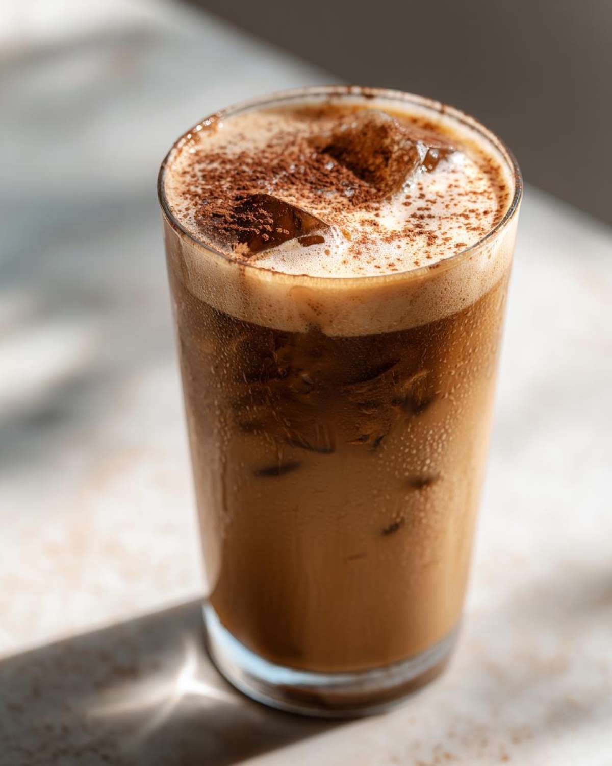 Close-up of an iced protein coffee in a clear glass, topped with foam and a dusting of cocoa powder.
