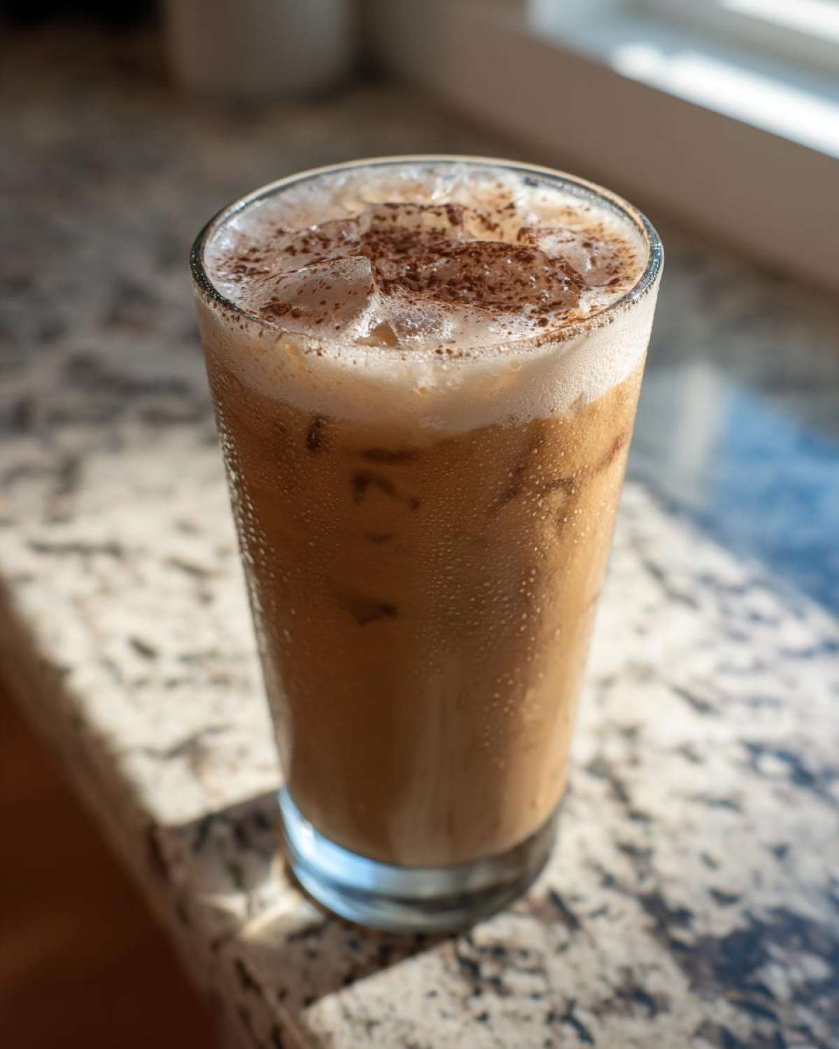 A tall glass of iced protein coffee with foam and a sprinkle of cocoa powder, sitting on a granite countertop.